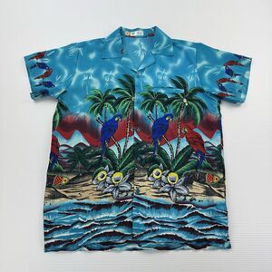 VHO Hawaiian Shirt Mens L Blue Parrot Palm Tree Surfboard Tropical Camp